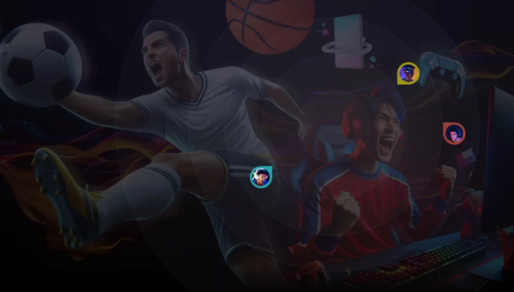 Energetic characters: one kicks a football, the other cheers joyfully at an esports match on a computer screen